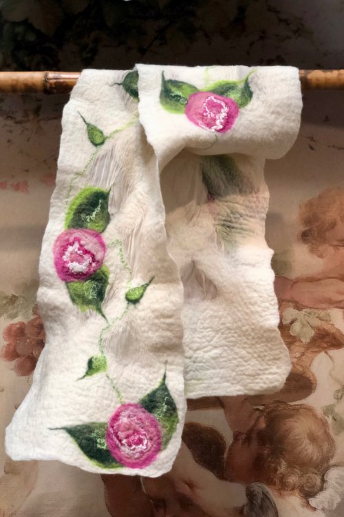 Agnes Foss - Felted Merino Scarf / Wrap - Pink Roses on White Background